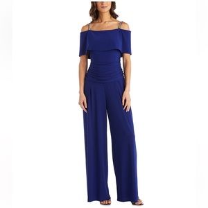 R&M Richards Embellished-Strap Cold-Shoulder Jumpsuit